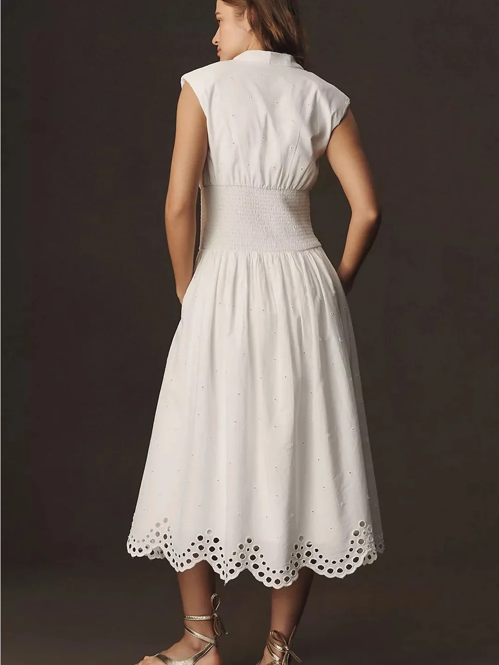 Anthropologie Maeve The Tommie Cap-Sleeve Smocked Front-Zip Shirt Dress Eyelet M - Picture 2 of 12